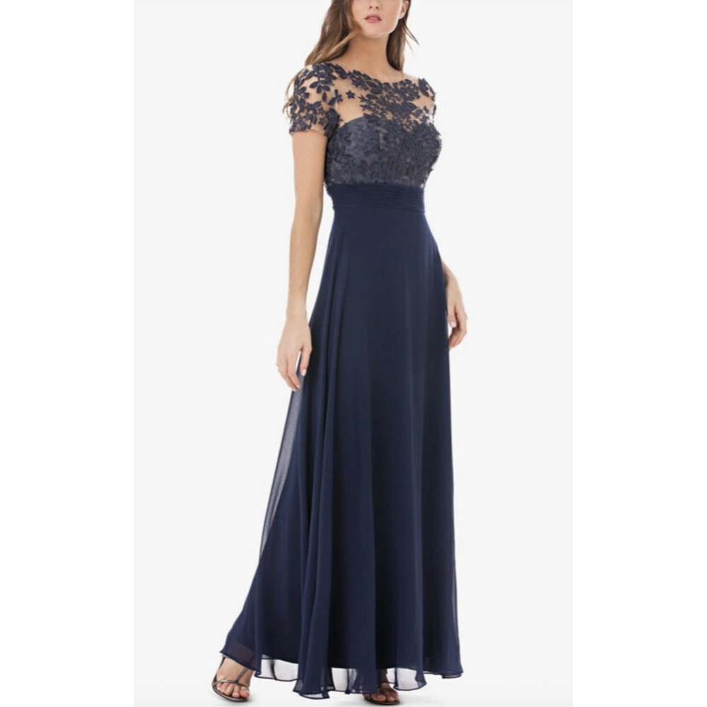JS Collection Navy Blue Floral Lace Illusion Neckline Chiffon Gown Dress 12